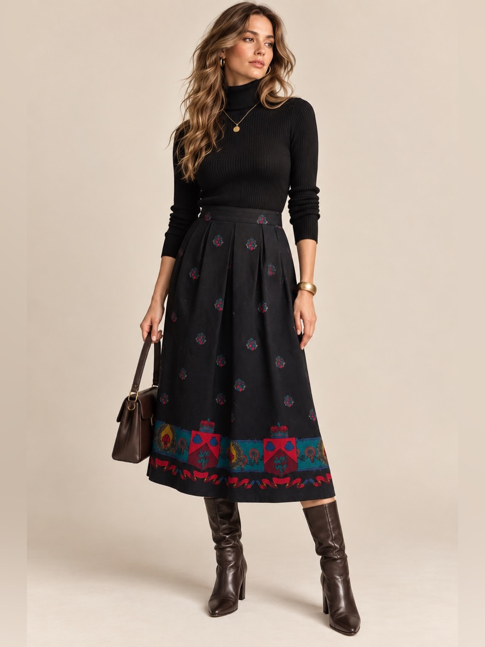 Vintage 80s 90s Black Heraldic Crest Border Print Pleated Midi Skirt Fits 6